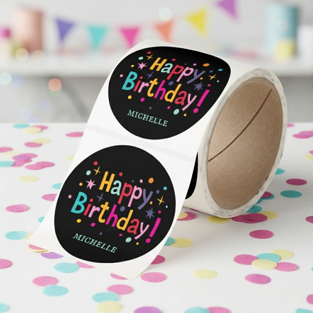 Retro Födelsedagskonfettidekaler Runt Klistermärke (Add a custom name to these colorful retro birthday stickers.)