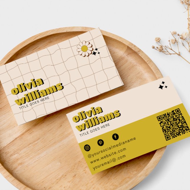 Retro Fold Grönt Flower QR Code Boho Groovy Visitkort (Skapare uppladdad)