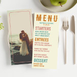 Retro Fold Typography Bright Photo Bröllop Meny<br><div class="desc">Impress dina gäster i bröllop med den här roligten och fet personligt bröllp Menu med ditt eget foto på baksidan! Sydväst inspirerade till djärv typografi i guld, dammig blått och rosa är perfekten som är riktad mot ditt eget foto eller bild på baksidan. Du kan anpassa all text och färg...</div>