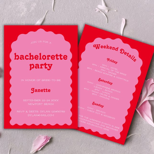 Retro Fold Vågigt Rosa och Red Bachelorette Helg Inbjudningar (Retro Bold Wavy Pink And Red Bachelorette Weekend Invitation)