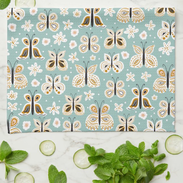 Retro Folk Art Butterflies Kökshandduk (Vikta)