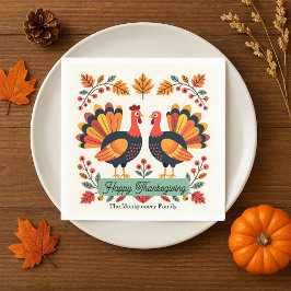 Retro Folk Art Kalkon Familj Thanksgiving Middag Pappersservett