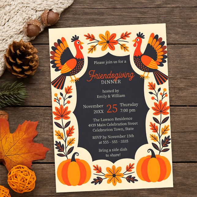 Retro Folk Art Kalkon Friendsgiving Potluck Inbjudningar (Skapare uppladdad)