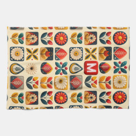 Retro Folk-Blommigt med Personlig Monogram Kökshandduk