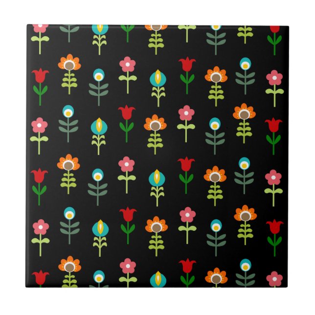 Retro folk blommönster kakelplatta (Framsidan)