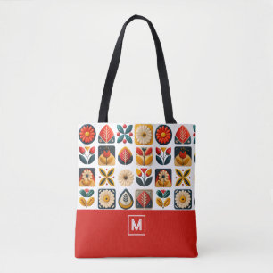 Retro Folk Blommönster Monogram Tygkasse
