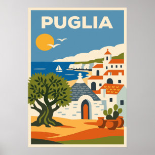 Retro Folk Puglia Italien Olivträd Trullo Resa Poster