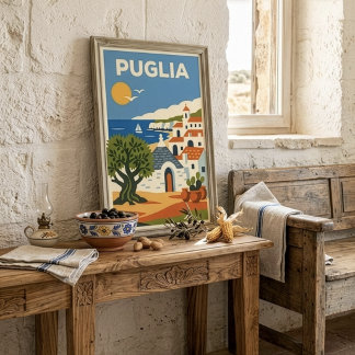Retro Folk Puglia Italien Olivträd Trullo Resa Poster