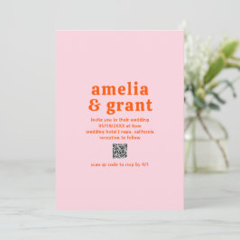 Retro Font Orange and Rosa QR Code Modern Bröllop Inbjudningar