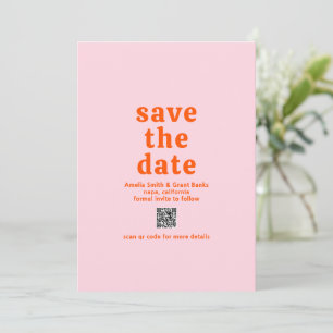 Retro Font Orange and Rosa QR Code Modern Bröllop Spara Datumet