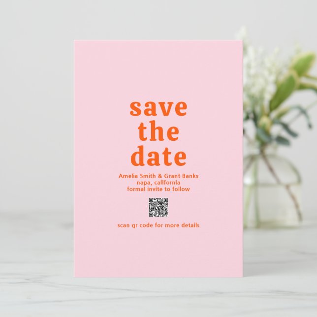 Retro Font Orange och Rosa QR-kod Modern Bröllop Spara Datumet (Stående Fram)
