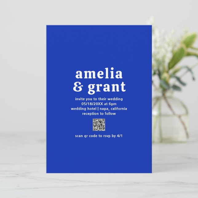 Retro font Sapphire Blue QR-kod Modern Bröllopsdes Inbjudningar (Stående Fram)