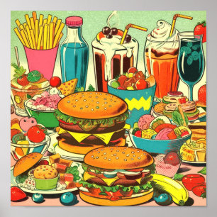 Retro Food Tecknad Illustration Poster