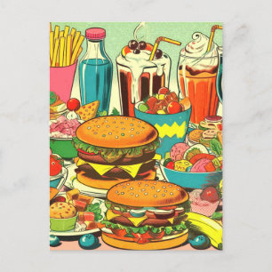 Retro Food Tecknad Illustration Vykort