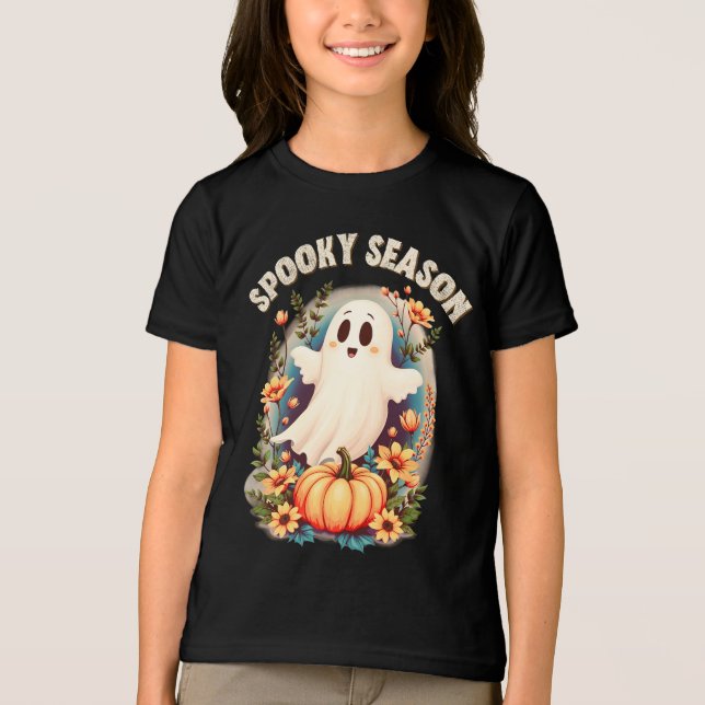 Retro för Blommigt av Spooky Season Cute Ghost-ser T Shirt (Framsida)