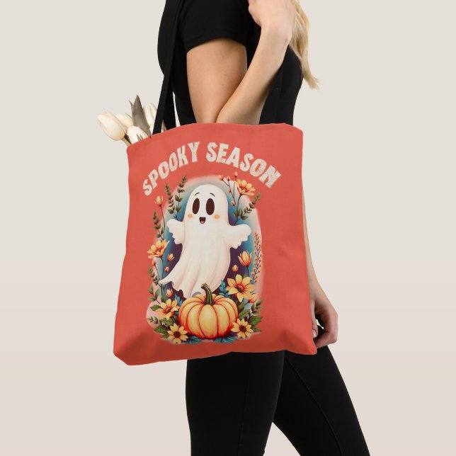 Retro för Blommigt av Spooky Season Cute Ghost-ser Tygkasse (Närbild)
