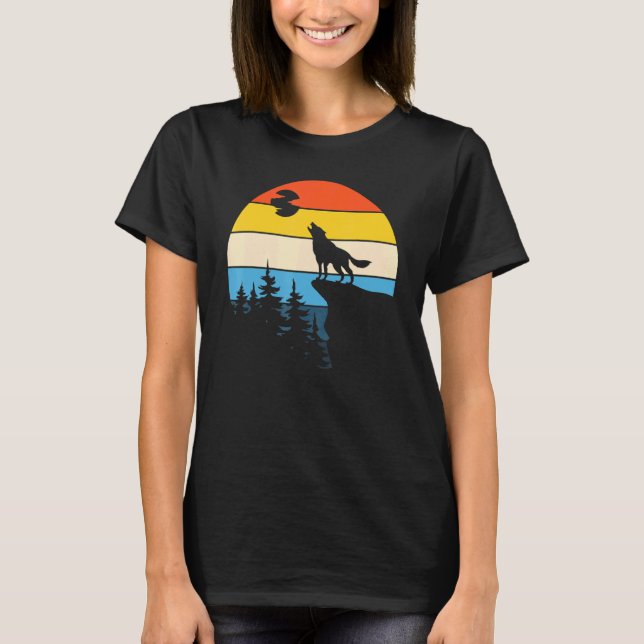 Retro Forest Animal Predator Full Moon Howling Wol T Shirt (Framsida)