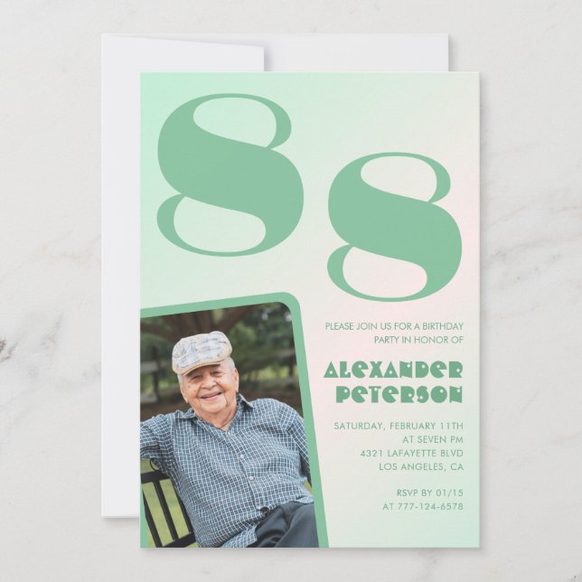 Retro foto grön gradient man 88-årsdag  inbjudningar (Framsida)