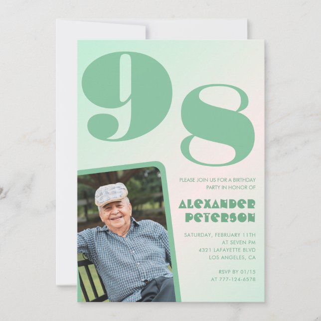 Retro foto grön gradient man 98-årsdag  inbjudningar (Framsida)