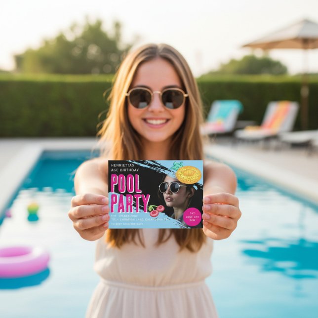 Retro foto Pool Party Födelsedags QR-kod RSVP Inbjudningar (Skapare uppladdad)