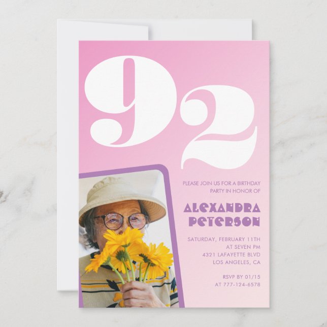 Retro Foto Rosa 92-årsdag Inbjudningar (Framsida)