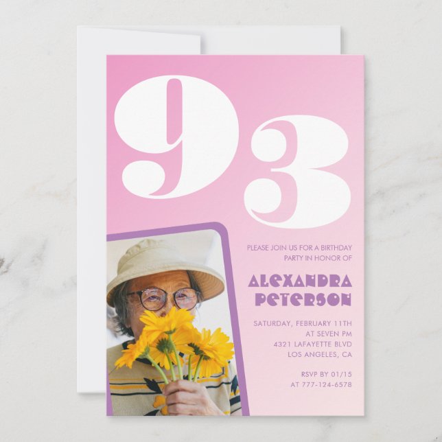 Retro Foto Rosa 93-årsdag Inbjudningar (Framsida)