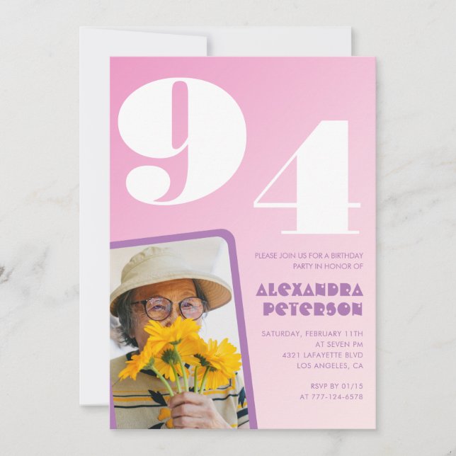 Retro Foto Rosa 94-årsdag Inbjudningar (Framsida)