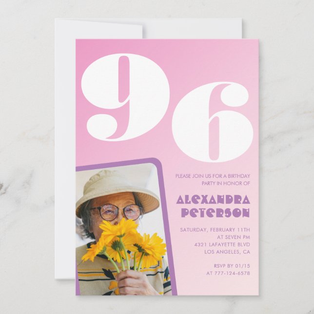 Retro Foto Rosa 96-årsdag Inbjudningar (Framsida)