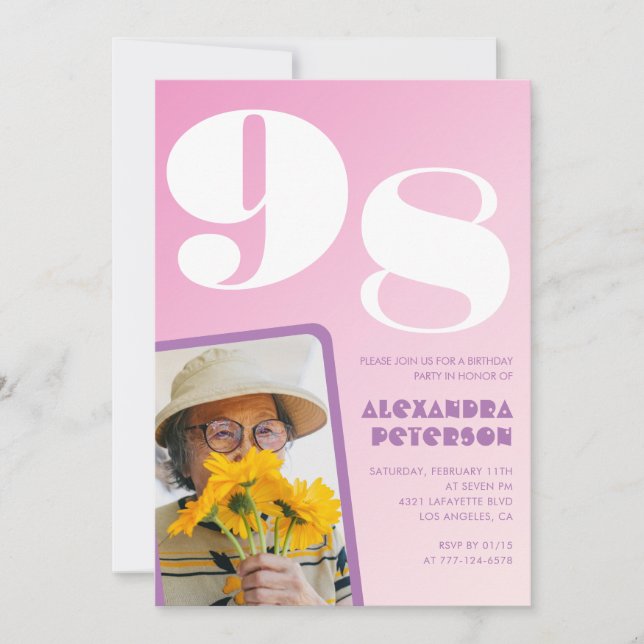 Retro Foto Rosa 98-årsdag Inbjudningar (Framsida)