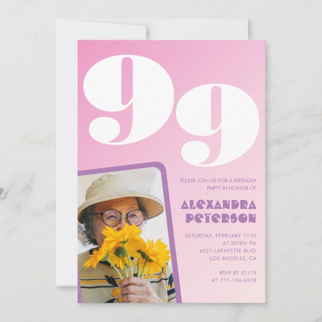 Retro Foto Rosa 99-årsdag Inbjudningar (Framsida)