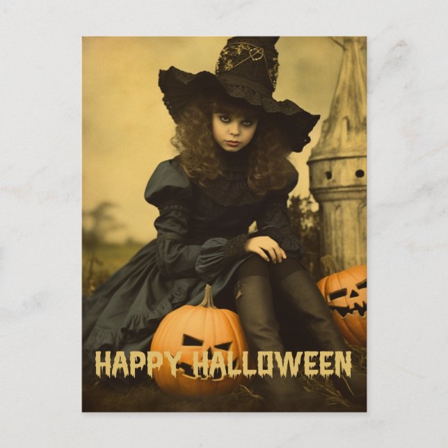 Retro fotografering Halloween söt dålig häxa flick Vykort (Framsida)