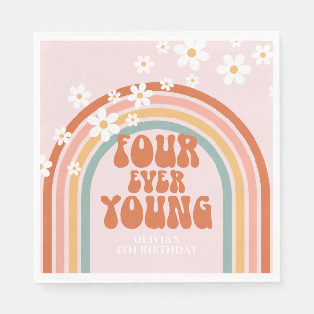 Retro Four Ever Young tusenskönor regnbåge 4-årsda Pappersservett (Framsidan)