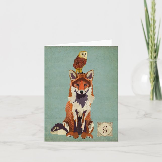 Retro Fox & Uggla Monogram Notecard Anteckningskort (Framsida)