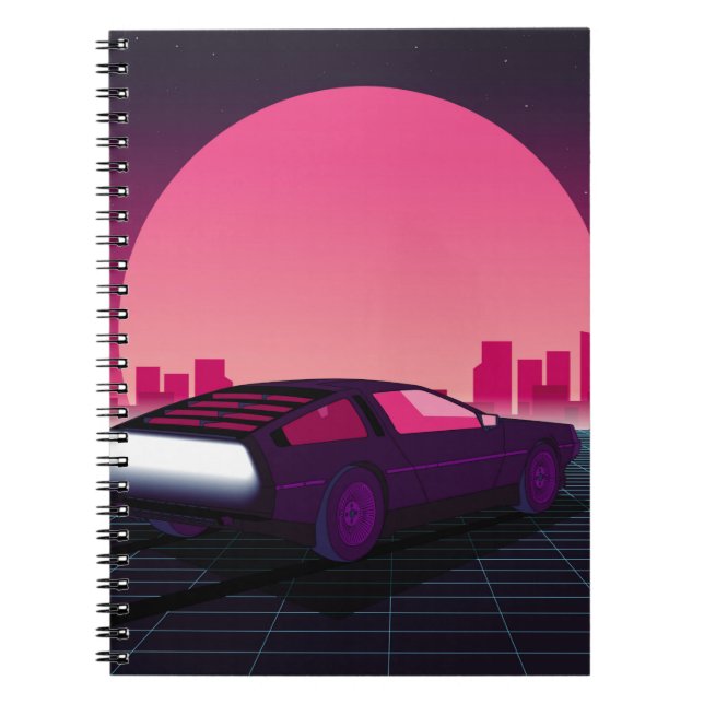 Retro framtida. 80-talets stil-sci-fi-bakgrund med anteckningsbok (Framsidan)