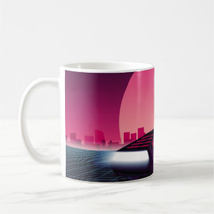 Retro framtida. 80-talets stil-sci-fi-bakgrund med kaffemugg