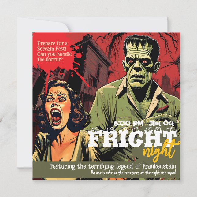 Retro Frankenstein Vintage Skräck Halloween-fest Inbjudningar (Framsida)