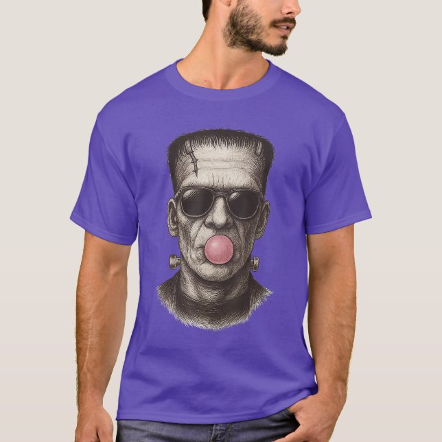 Retro Frankensteins monster som blåser en tuggummi T Shirt (Framsida)