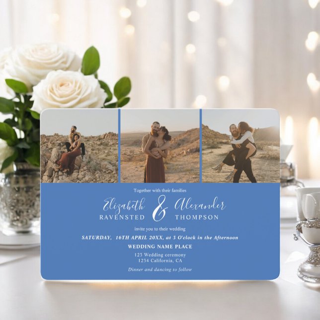 Retro fransk blue Elegant 4 Foton, skript bröllop Inbjudningar (Retro french blue Elegant 4 Photos script wedding Invitation)