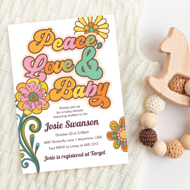 Retro Fredagsmys Bebis Tusenskönor Baby Shower Inb Inbjudningar (Retro Peace Love Baby Daisy Baby Shower Invitation)