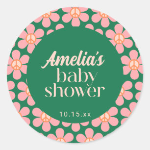 Retro Fredstecken Blomma Grön Rosa Baby Shower Runt Klistermärke
