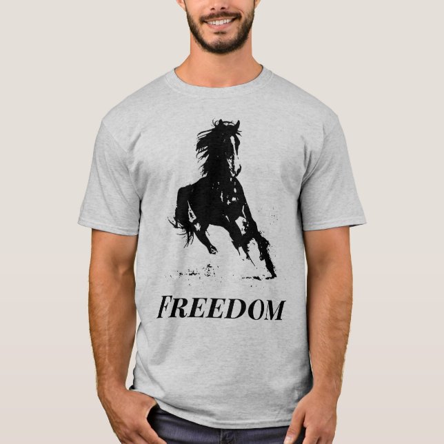 Retro Freedom Black Grått Pop Art Running Horse T Shirt (Framsida)