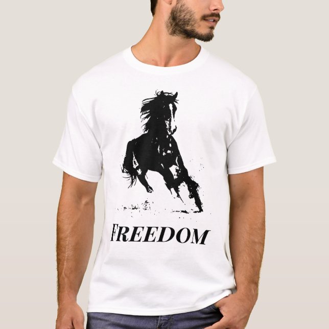 Retro Freedom Black White Pop Art Running Horse T Shirt (Framsida)