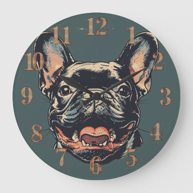 Retro French Bulldog Clock Stor Klocka (Framsida)