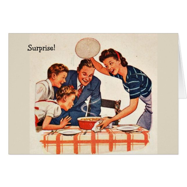 Retro fru - middagen är alltid en överrrakning, hälsningskort (Framsidan Horizontal)