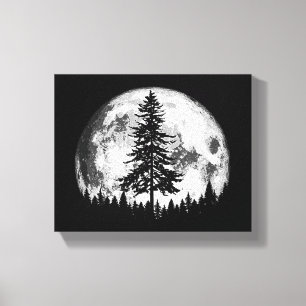 Retro Full Moon & Minimalist Gräs Träd Vintage Gra Canvastryck