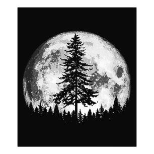 Retro Full Moon & Minimalist Gräs Träd Vintage Gra Fototryck