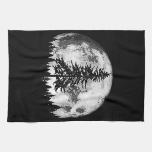 Retro Full Moon & Minimalist Gräs Träd Vintage Gra Kökshandduk