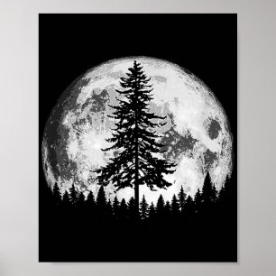 Retro Full Moon & Minimalist Gräs Träd Vintage Gra Poster