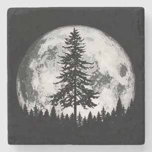 Retro Full Moon & Minimalist Gräs Träd Vintage Gra Stenunderlägg