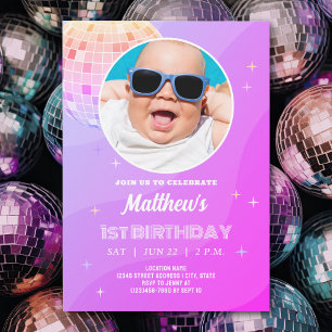 Retro Funky 80s 90s Disco Foto första födelsedagen Inbjudningar